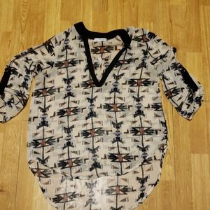 Semi sheer tribal print vee neck hi lo tunic